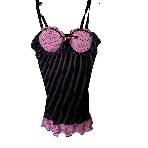 Y2k pink and black pinstripe coquette baby doll 35b - Picture 1 of 6